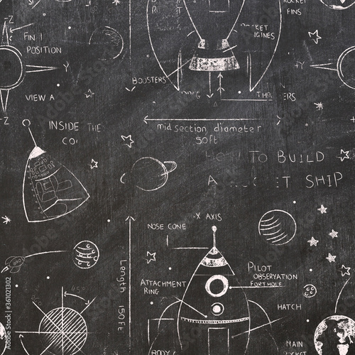 Seamless kids space illustration drawn on by chalk on chalkboard 