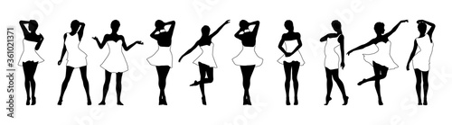 Set of beautiful a fashion girls in short dress. Silhouette of young woman. Vector illustration.