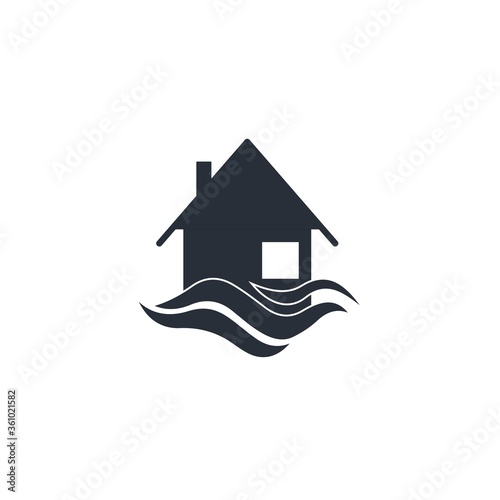 House in the water. Flood. Vector icon isolated on white background.