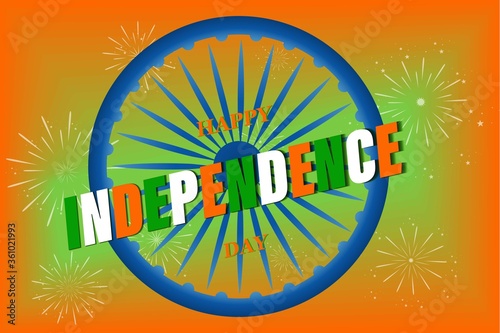 Vector decorative greeting card for Independence Day of India, with the colors of the flag of India and the wheel of Dharmachakra or Ashoka Chakra and salute.