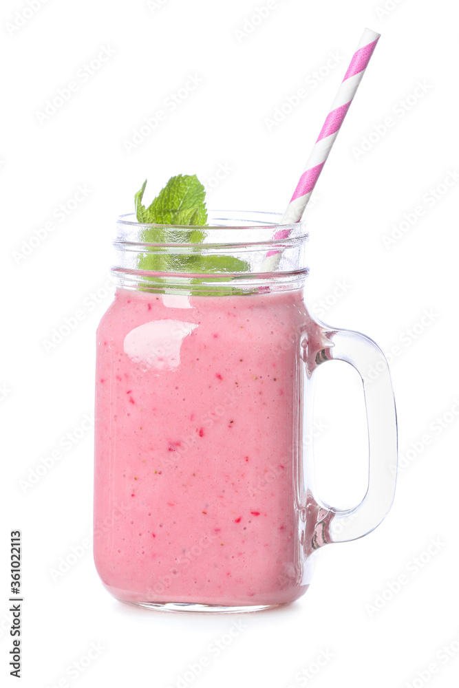 Mason jar of tasty strawberry smoothie on white background Mason jar of tasty strawberry smoothie on white background