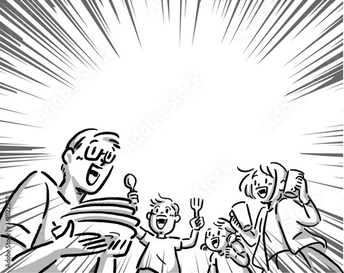 Monochrome illustration of a fun family and concentrated lines preparing for dinner