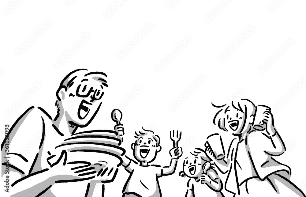 .Monochrome illustration of a happy family preparing food