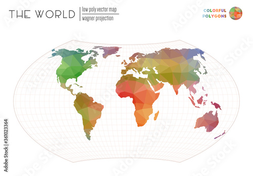 Abstract geometric world map. Wagner projection of the world. Colorful colored polygons. Beautiful vector illustration.