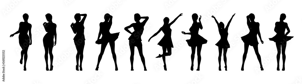 Set of beautiful a fashion girls in short dress. Silhouette of young woman. Vector illustration.