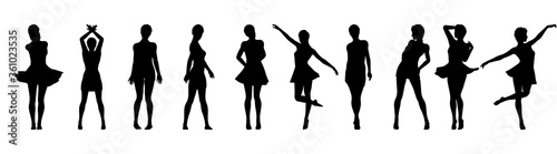 Set of beautiful a fashion girls in short dress. Silhouette of young woman. Vector illustration.