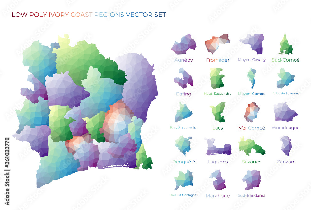 Ivorian low poly regions. Polygonal map of Ivory Coast with regions ...