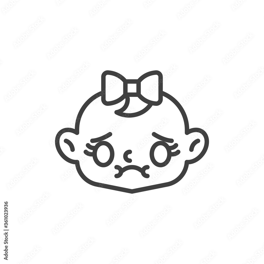 Nauseated baby girl face line icon. linear style sign for mobile concept and web design. Sick baby face outline vector icon. Symbol, logo illustration. Vector graphics Nauseated baby girl face line icon. linear style sign for mobile concept and web design. Sick baby face outline vector icon. Symbol, logo illustration. Vector graphics