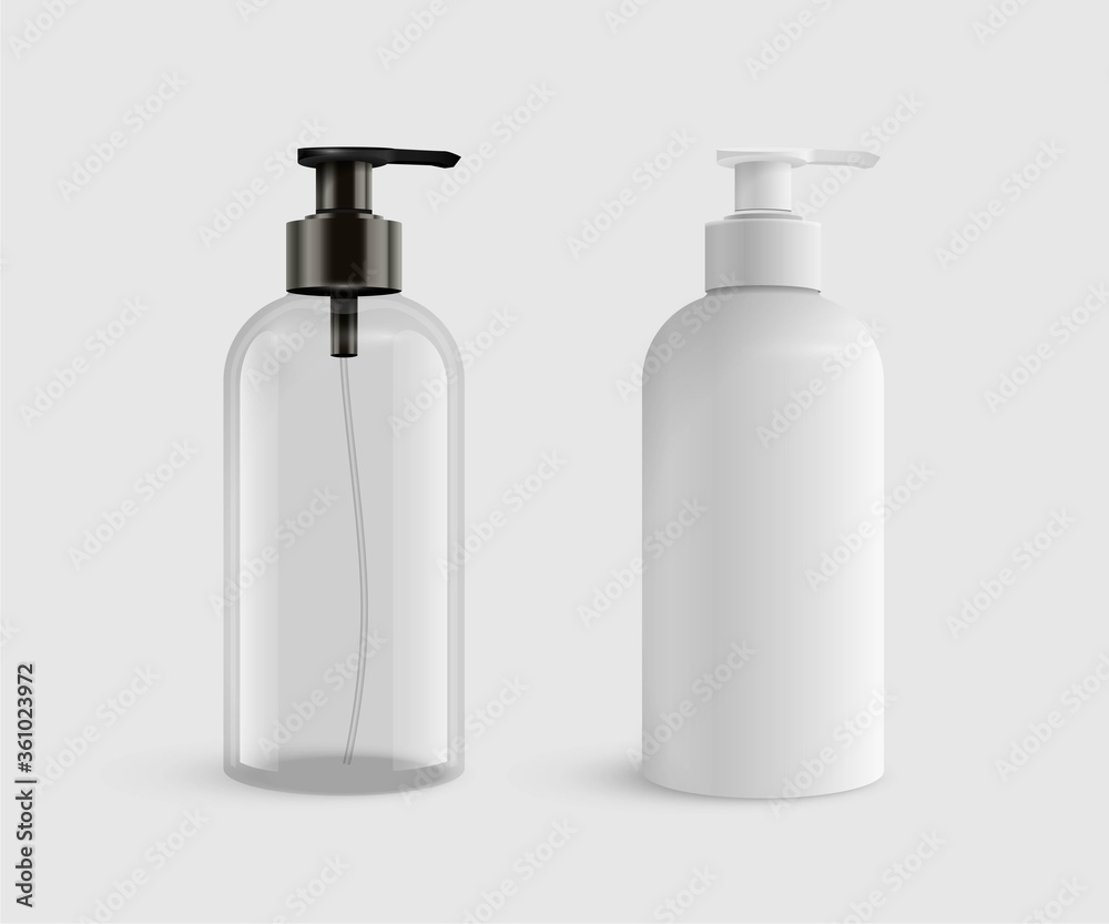 Vector 3D realistic blank transparent and white plastic bottles for Liquid soap or sanitizer Vector 3D realistic blank transparent and white plastic bottles for Liquid soap or sanitizer
