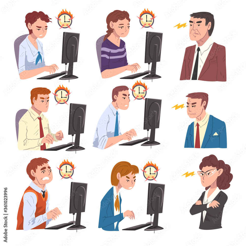 Stressed Business People Working Overtime at Deadline Set, Overloaded Office Workers Working Hard Solving Business Problems Vector Illustration Stressed Business People Working Overtime at Deadline Set, Overloaded Office Workers Working Hard Solving Business Problems Vector Illustration