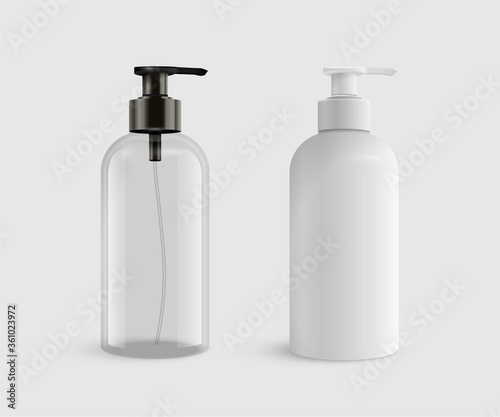 Vector 3D realistic blank transparent and white plastic bottles for Liquid soap or sanitizer