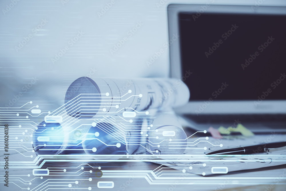 Technology theme drawing and table with computer. Double exposure. Concept of information. Technology theme drawing and table with computer. Double exposure. Concept of information.