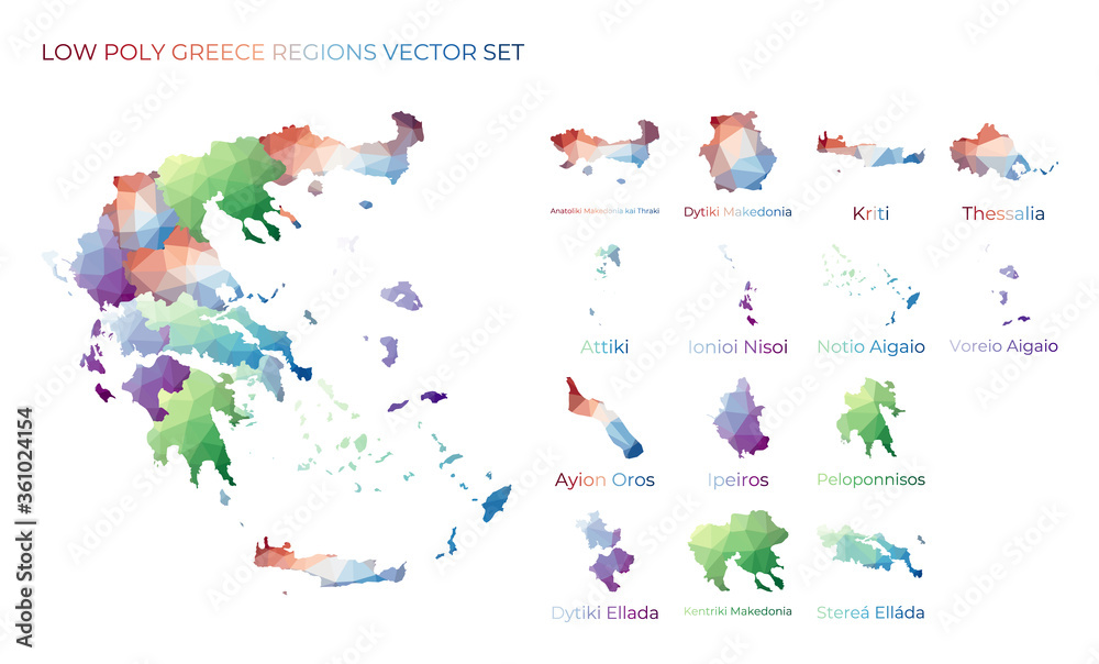 Fototapeta premium Greek low poly regions. Polygonal map of Greece with regions. Geometric maps for your design. Artistic vector illustration.