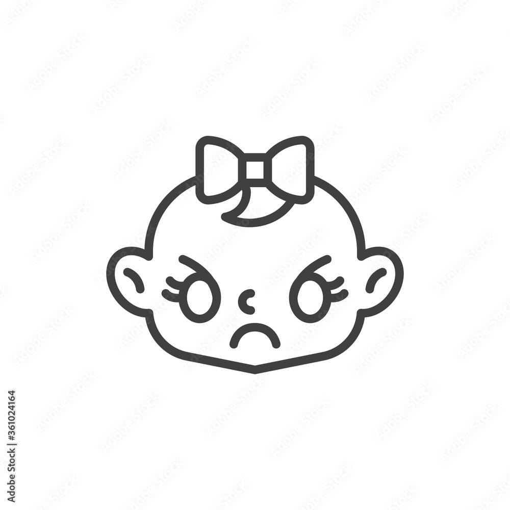 Angry baby girl face line icon. linear style sign for mobile concept and web design. Annoyed baby outline vector icon. Symbol, logo illustration. Vector graphics Angry baby girl face line icon. linear style sign for mobile concept and web design. Annoyed baby outline vector icon. Symbol, logo illustration. Vector graphics