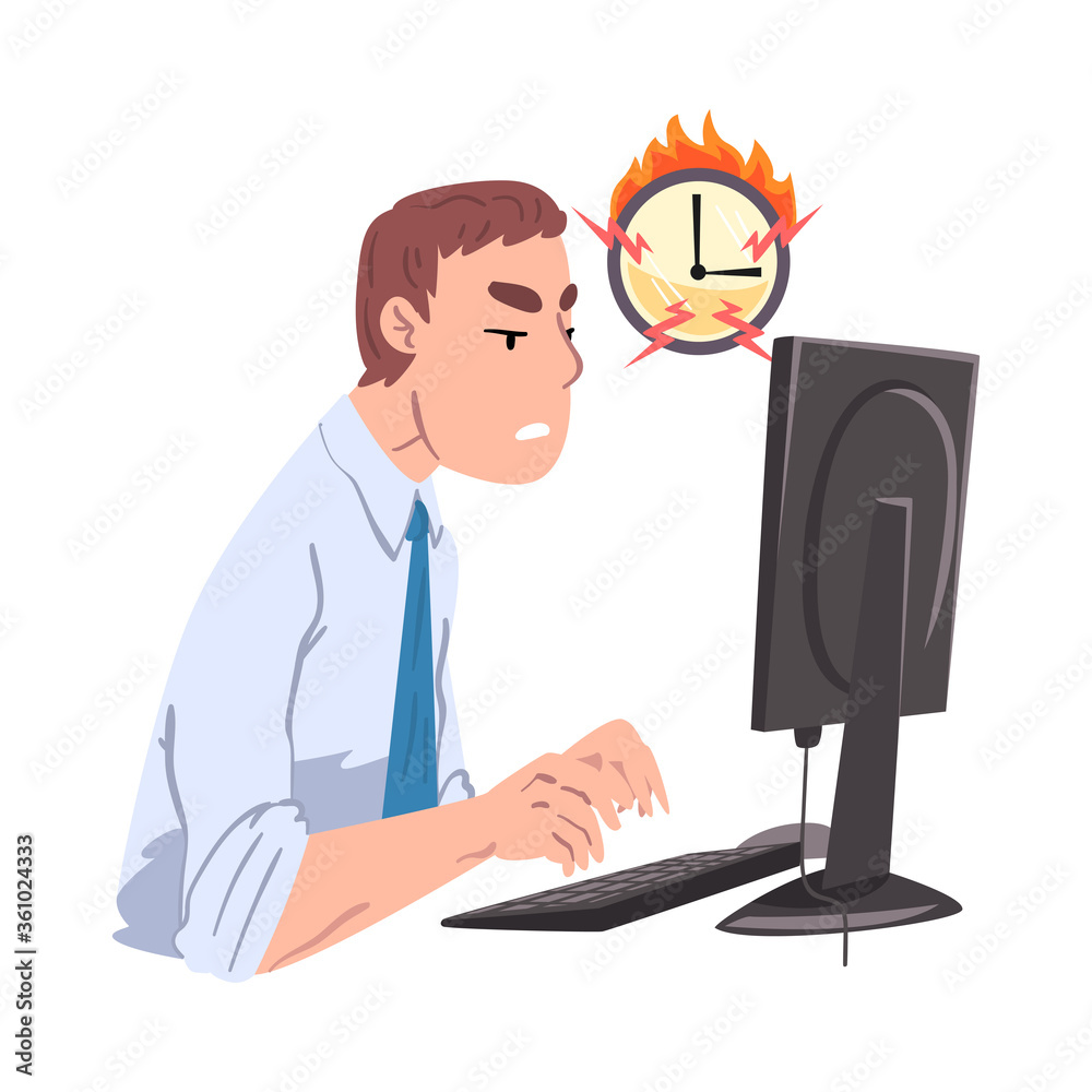 Businessman Working Overtime at Deadline, Overloaded Office Worker Sitting at Workplace Vector Illustration Businessman Working Overtime at Deadline, Overloaded Office Worker Sitting at Workplace Vector Illustration
