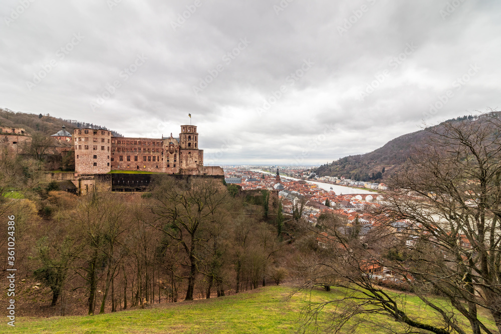 Panoramic view on Heidelberg Castle, ger. Schloss Heidelberg, and Skyline of the Town Heidelberg, Baden-Wuerttemberg, Germany. Europe