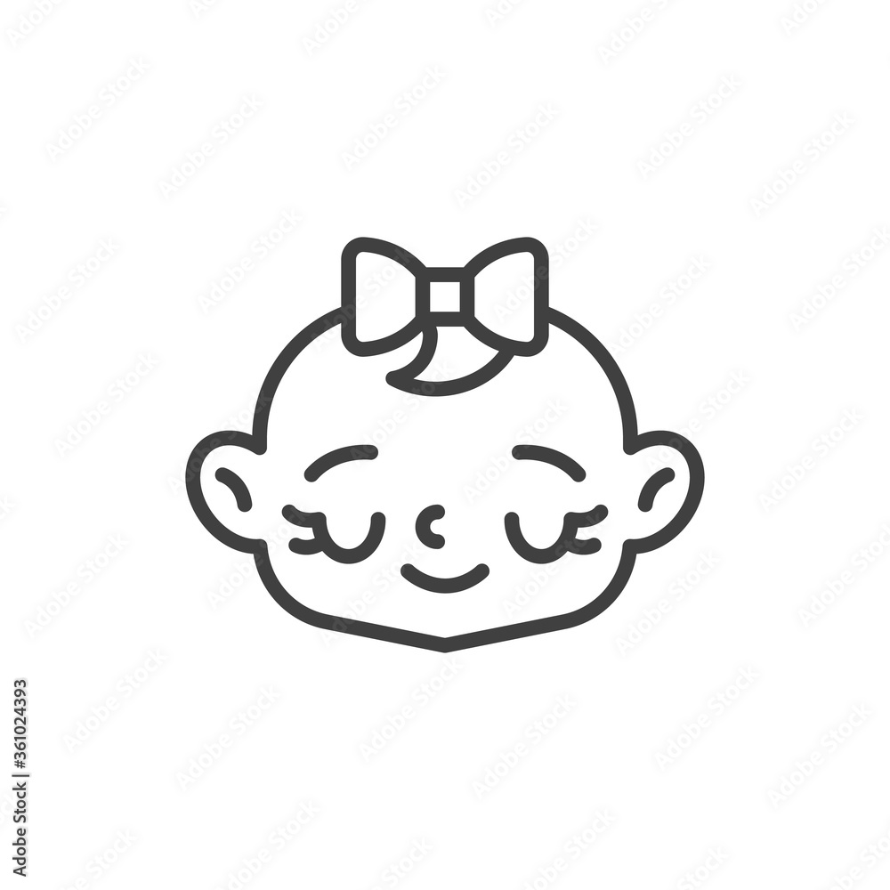 Happy baby girl face line icon. linear style sign for mobile concept and web design. Guilty baby face outline vector icon. Symbol, logo illustration. Vector graphics
