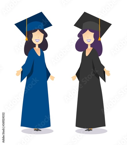 Graduation students women in gown and hats discussing or university female pupils in academic uniforms celebrating vector flat cartoon characters illustration