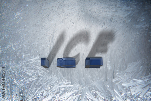 Words on a Ice sheet background. ICE blocks and shadows. 3d illustration.