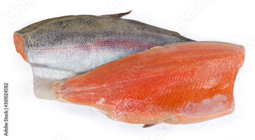 Two trout fillet on the skin on a white background