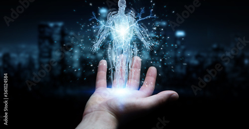 Man hand using digital x-ray human body holographic scan projection 3D rendering