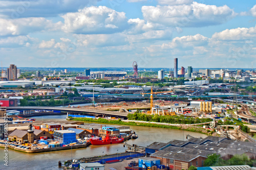 Aerial view of the Olympic Stadium and ArcelorMittal Orbit in Queen Elizabeth Olympic Park Stratford London UK photo