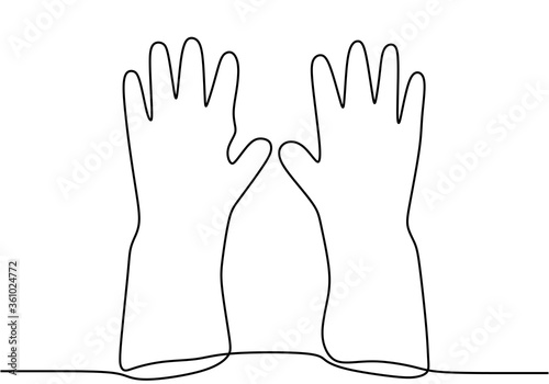 Pair of latex gloves. Continuous one line drawing of rubber glove for protect cleaning, medicine, scientist and cosmetology. Black simple illustration of disposable medical protection against virus