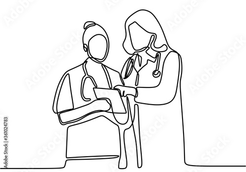 Continuous vector line drawing of doctor and nurse. Doctors discuss with nurses about the patient's medical history. Character professional doctor and nurse isolated on white background. Vector