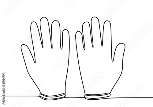 Pair of latex gloves. Continuous one line drawing of rubber glove for protect cleaning, medicine, scientist and cosmetology. Black simple illustration of disposable medical protection against virus