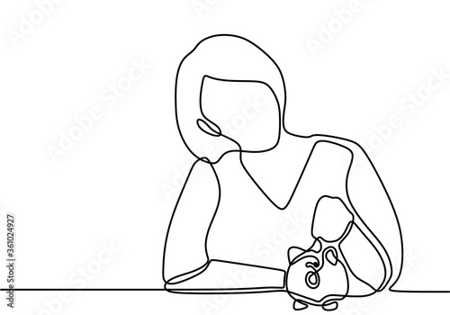Continuous line drawing a woman puts a coin in a pig piggy bank.Young girl saving money in her piggy bank. Business finance one line art concept isolated on white background. Vector illustration