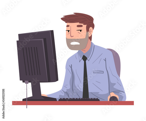 Male Office Worker Working Overtime, Overworked Businessman Sitting at Workplace in Office, Deadline Concept Vector Illustration