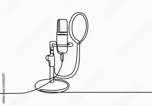 Continuous line drawing of vector radio station microphone icon. Podcast microphone hand draw minimalist design painted on white background. Outline sound recording concept single line art