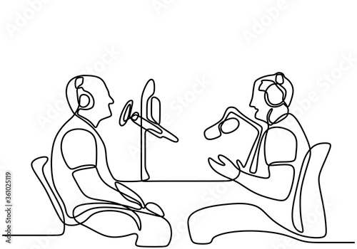 Two man sits in headphones at the microphone and broadcasts. One continuous line drawing of a young guy doing a podcast by interviewing the other man. Speaks into a microphone. Vector illustration