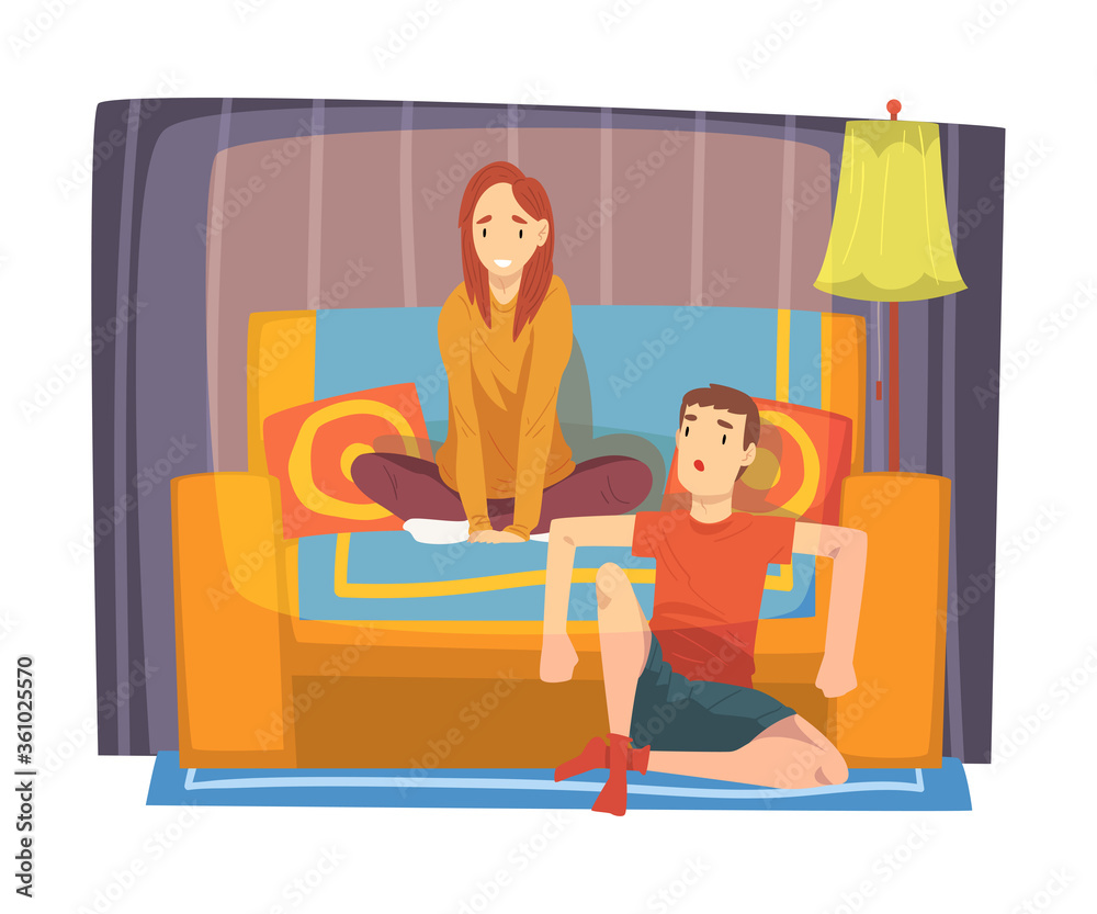 Bored Family Couple Sitting on Cozy Couch in Living Room, Funny Male and Female Characters Spending Time Together, Staying at Home Vector Illustration