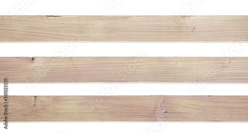 thre wooden plank or board with white background.