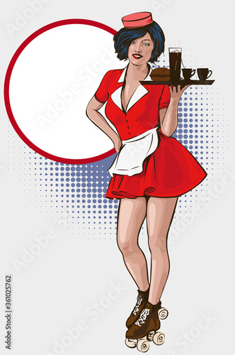 Waitress with plate on roller skates. Red dress. Diner waitress. Vector image