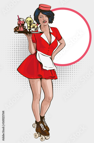 Waitress with plate on roller skates. Red dress. Diner waitress. Vector image