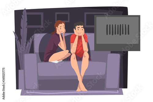 Couple Watching Movie Together on Couch, Young Man and Woman Spending Time at Home Vector Illustration