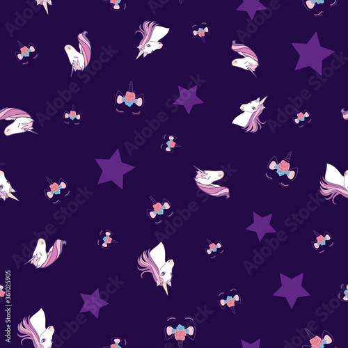 Abstract unicorns and stars seamless pattern on purple background