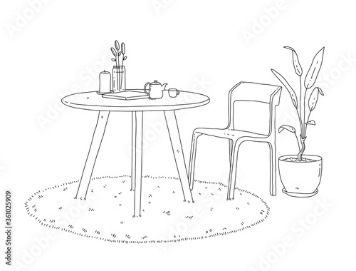 Minimalist furniture of a chair, table, round carpet and interior plant decoration, a hand drawn vector doodle of minimalist furniture for living room