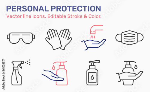 Personal protection line icons set. Vector illustration. Editable stroke.