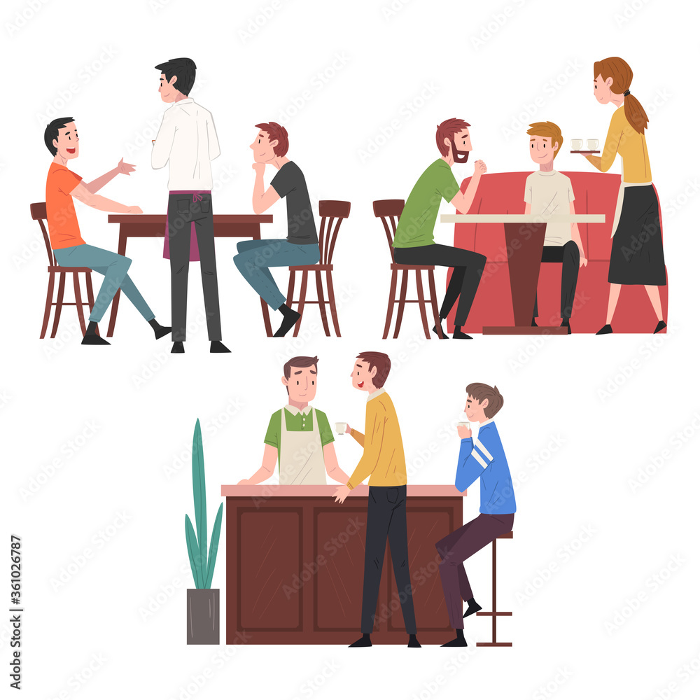 People Drinking Coffee and Relaxing at Coffeehouse or Cafe Set, Restaurant Employees Serving Visitors Vector Illustration