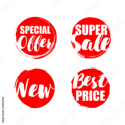 Sale, special offer, new and best price vector grunge label tag set, discount price brush style badge collection illustration.