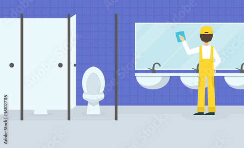 Professional Worker in Uniform Wiping Mirror in Public Toilet, Cleaning Company Staff at Work Flat Vector Illustration