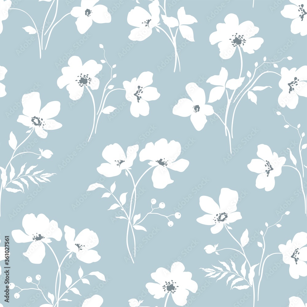 Floral seamless pattern with tender white abstract branches of flowers and leaves. Vector illustration on blue background in vintage style.