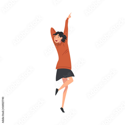 Young Cheerful Woman Singing Along and Dancing at Concert Vector Illustration