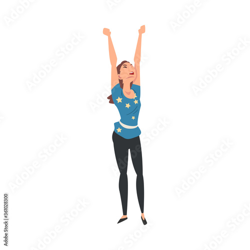 Young Cheerful Woman Singing Along and Dancing at Concert Vector Illustration