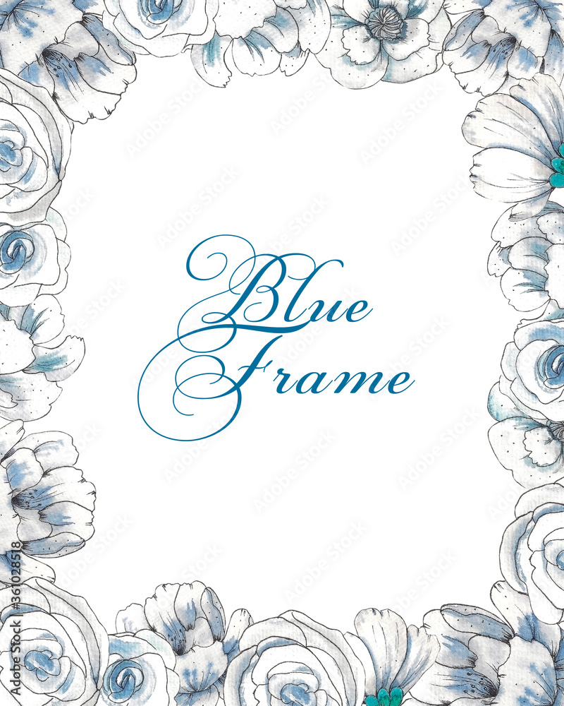 Watercolor illustration, blue flowers frame
