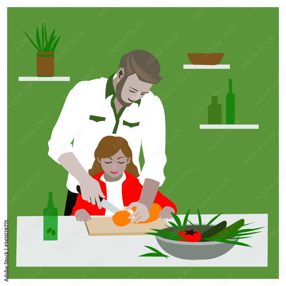 man child foster daughter dining room cook dinner lunch teaches fun family, parent, father, vegetarianism healthy food vegetables olive oil salad kitchen, knife man child foster daughter dining room cook dinner lunch teaches fun family, parent, father, vegetarianism healthy food vegetables olive oil salad kitchen, knife