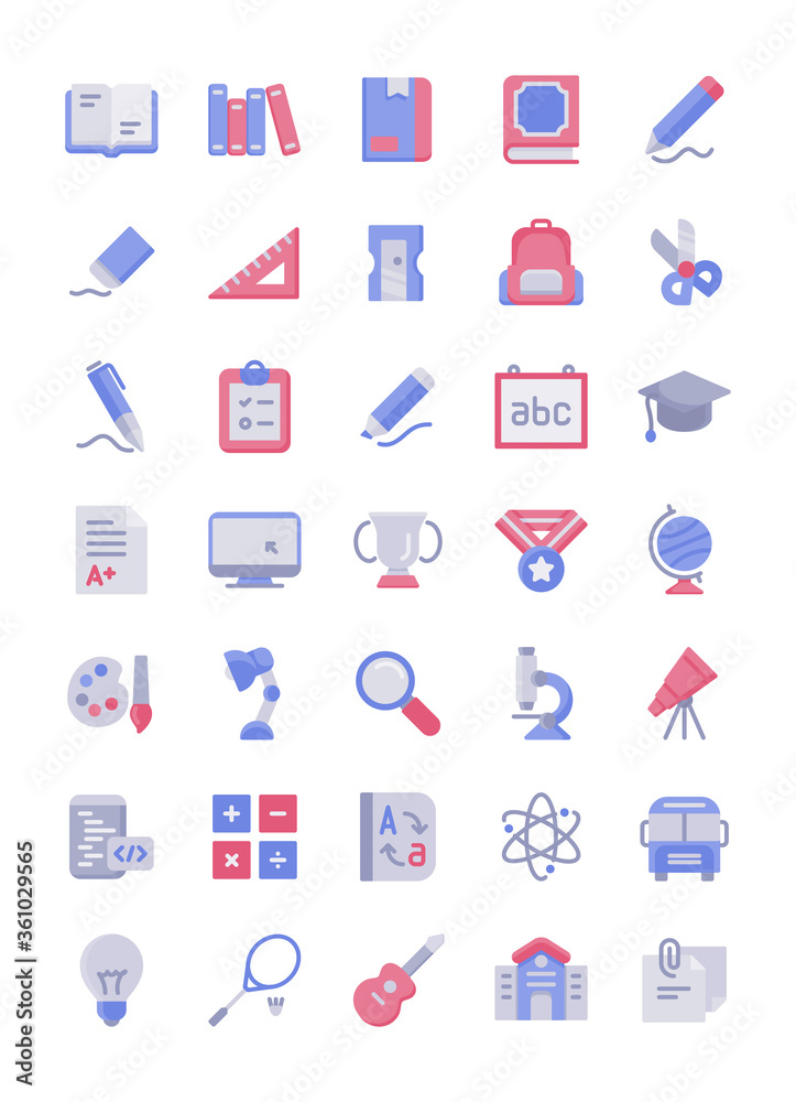 Education icon text book pencil eraser ruler backpack graduate trophy certificate microscope globe calculate atom school sport music with flat style.